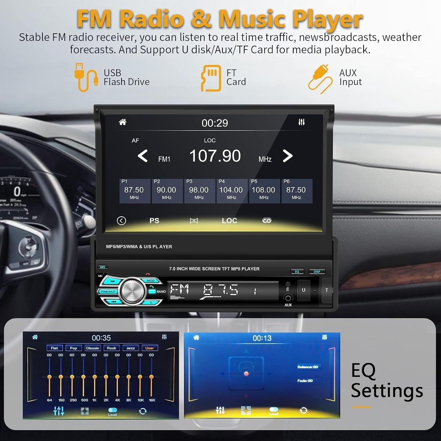 Single Din Car Stereo with AHD Backup Camera & Wireless Connectivity