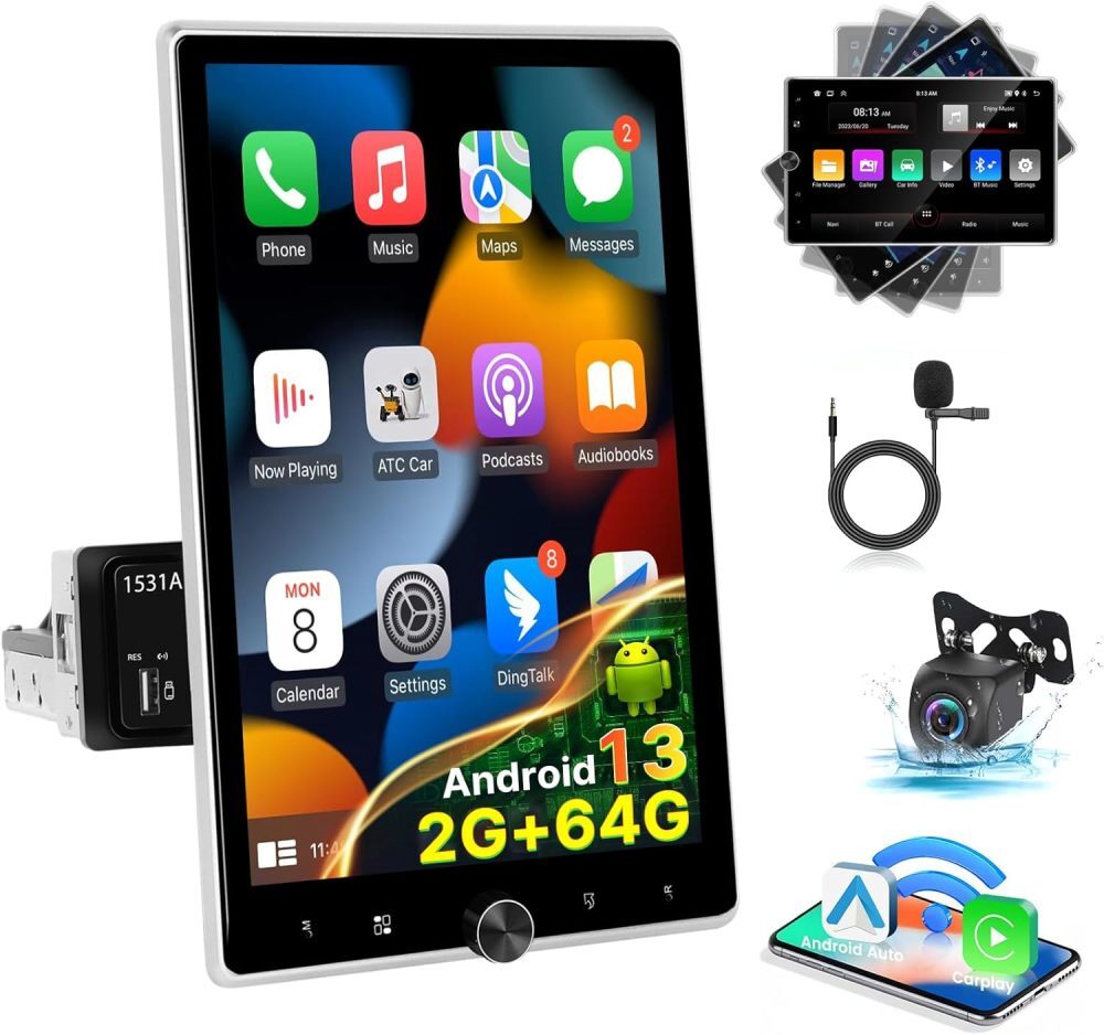 10.4” Android 13 Single 1 Din Apple Carplay Car Stereo Radio GPS 64GB + Camera