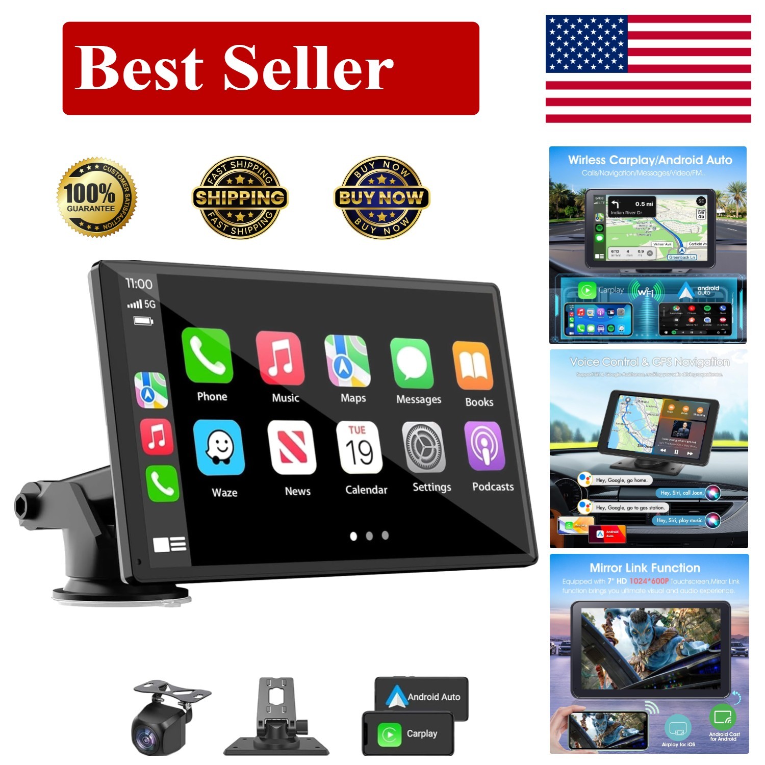 Portable Wireless CarPlay Screen for Car, 7″ HD Touch Screen for Car with Car…