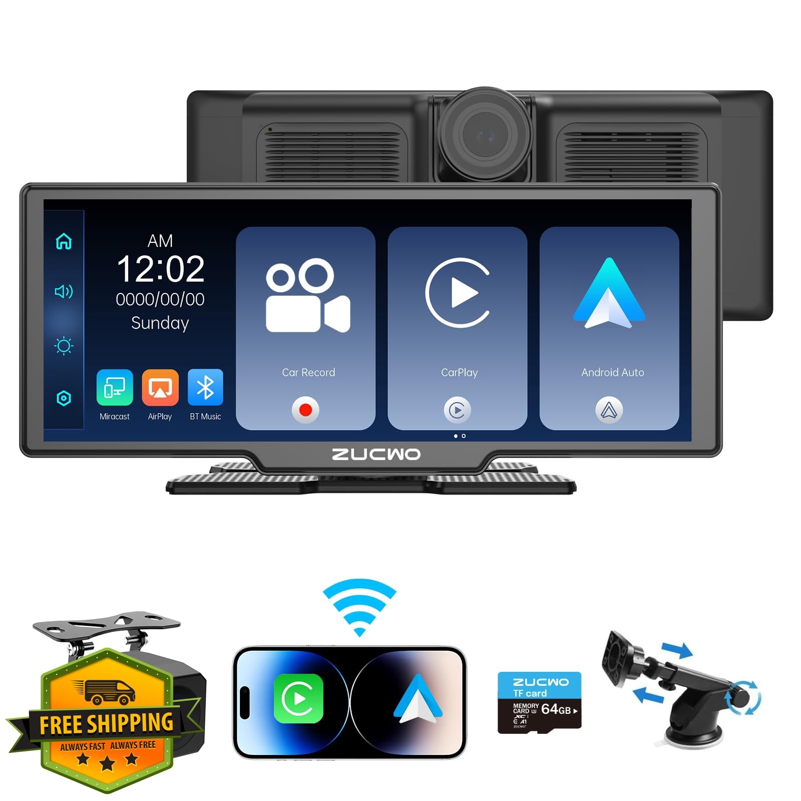 ZUCWO 10.26 Inch Wireless CarPlay Screen Black