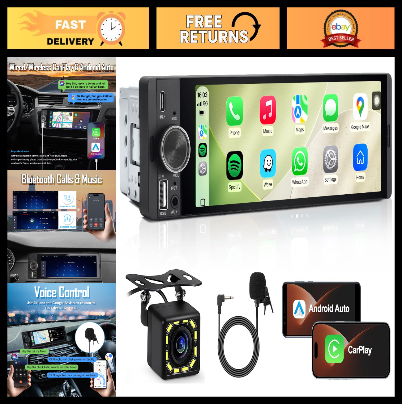 Single DIN Car Radio with 6.36″ HD Touchscreen, Bluetooth, Backup Camera, CarPla