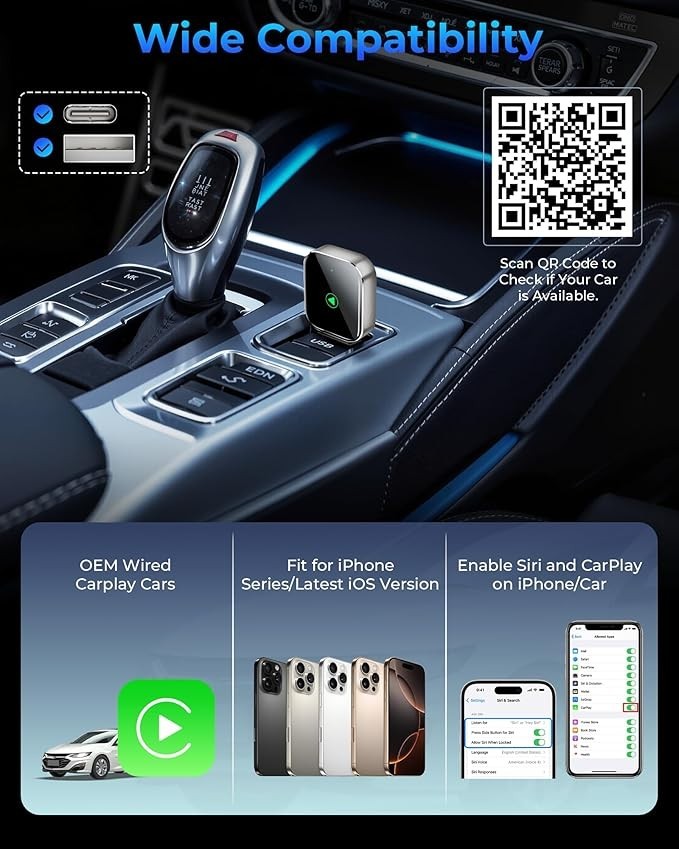 Mini CarPlay Wireless Adapter for Apple iPhone – Converts Wired to Wireless C…