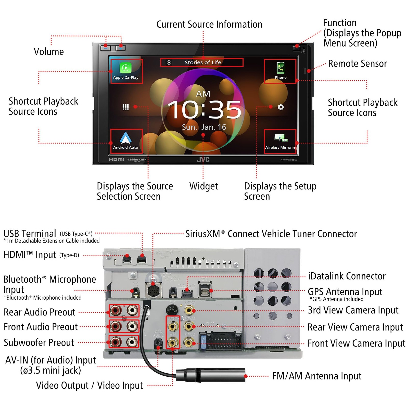JVC KW-M875BW 2-DIN Car Stereo Receiver Wireless Apple CarPlay 13-Band EQ Radio