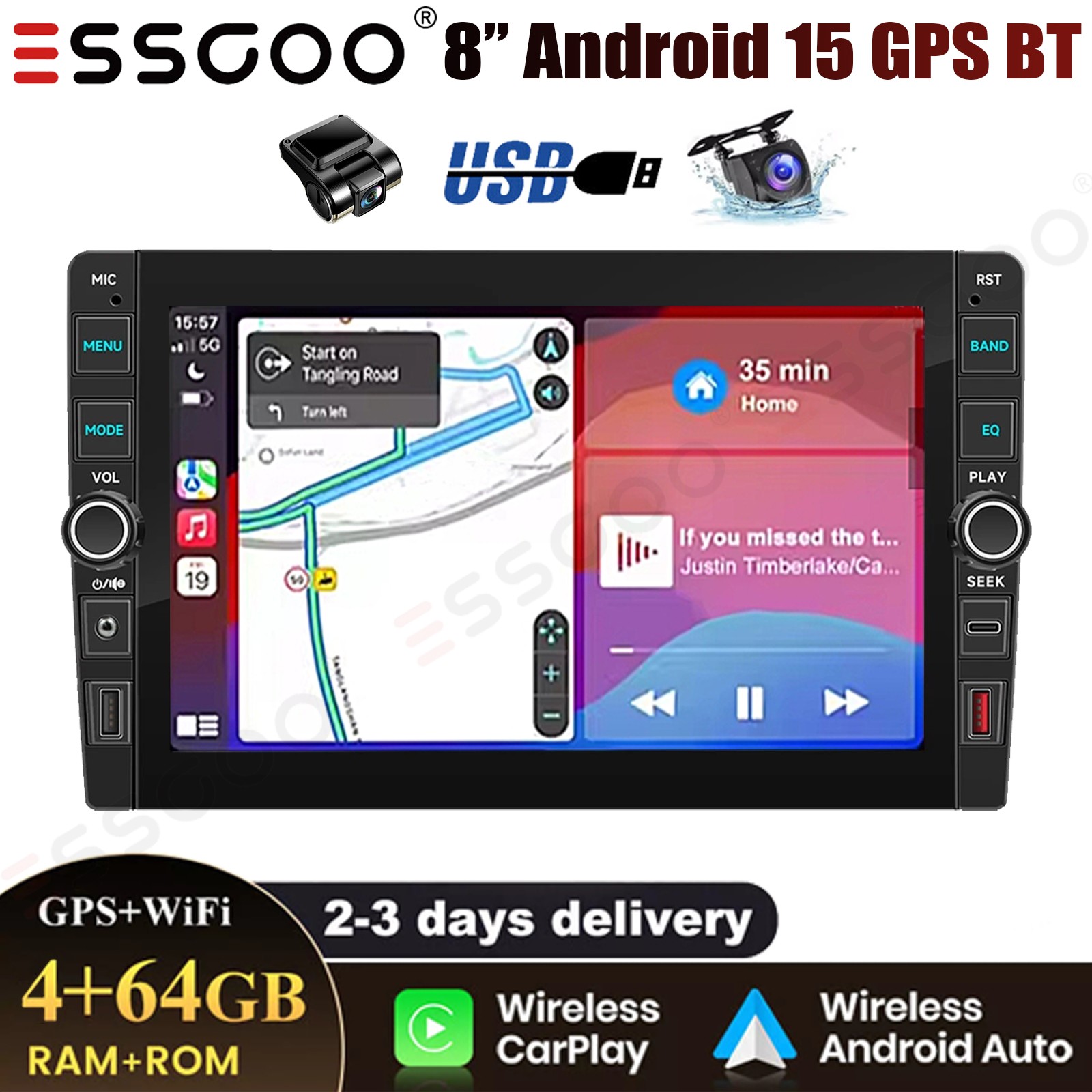 8″ Car Stereo Radio DVR+ 2DIN Android 15 Carplay 4+64G GPS Navi USB BT FM+Camera