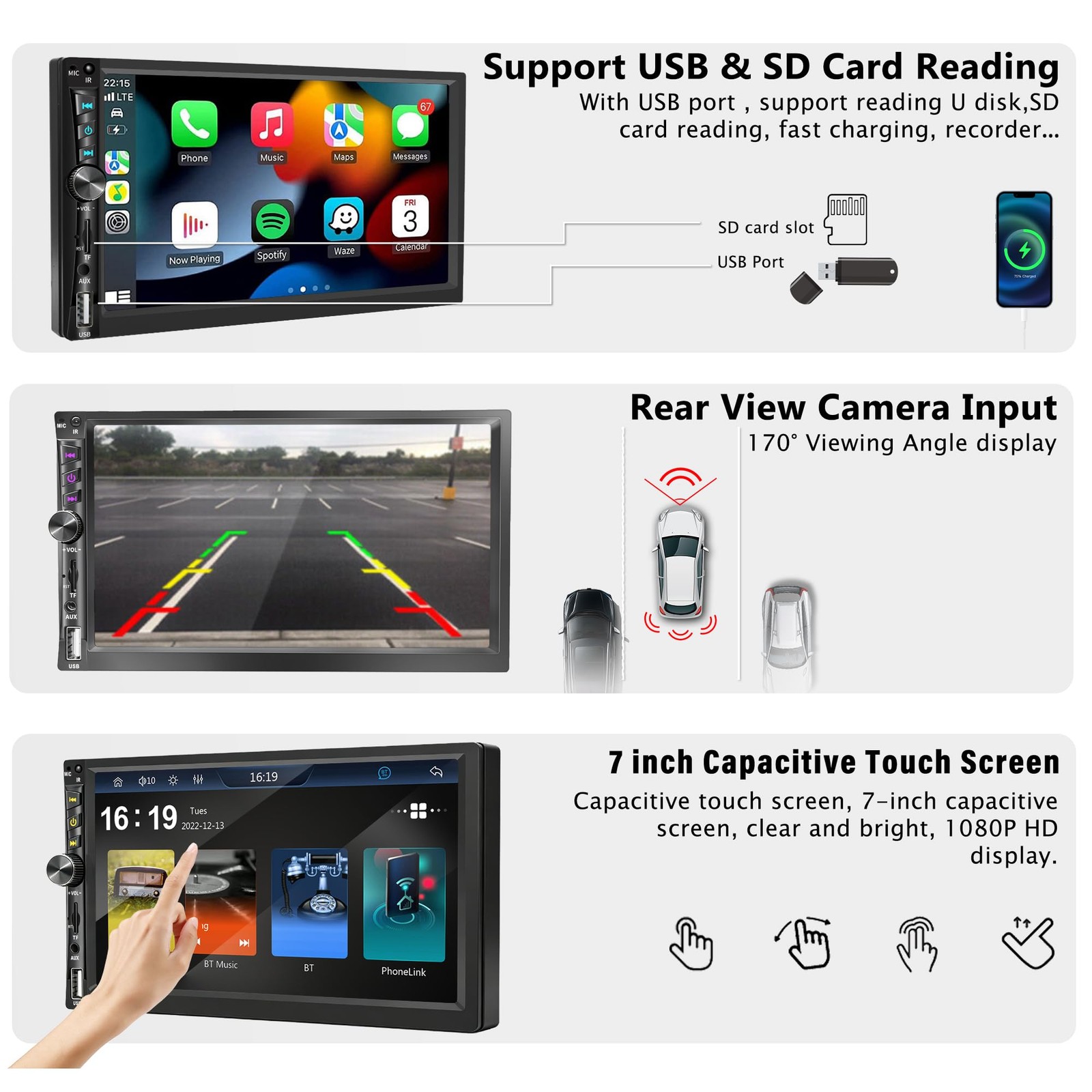 Upgrade Double Din Wireless Carplay, Black Carplay+Android Auto