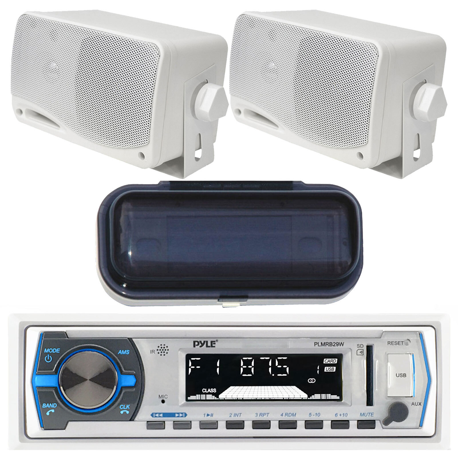 Pyle PLMRB29W Marine AM/FM USB AUX Receiver, 2x 3.5″ Box Speakers, Radio Cover