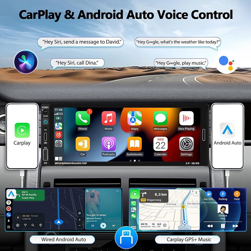 Single 1Din 6.9″Touch Screen Stereo Bluetooth Car Radio Apple/Android Carplay FM
