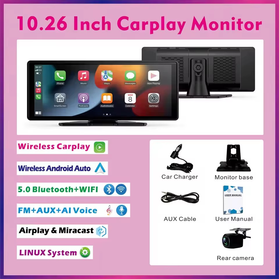Universal Portable Wireless Carplay Screen for Car with Android Auto Touchscreen