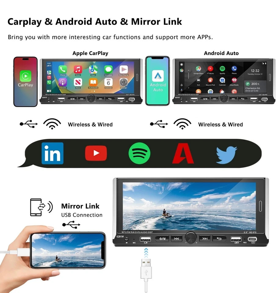 6.9″ Wireless CarPlay Single Din Car Stereo, G+G HD IPS Single Din Touchscree…