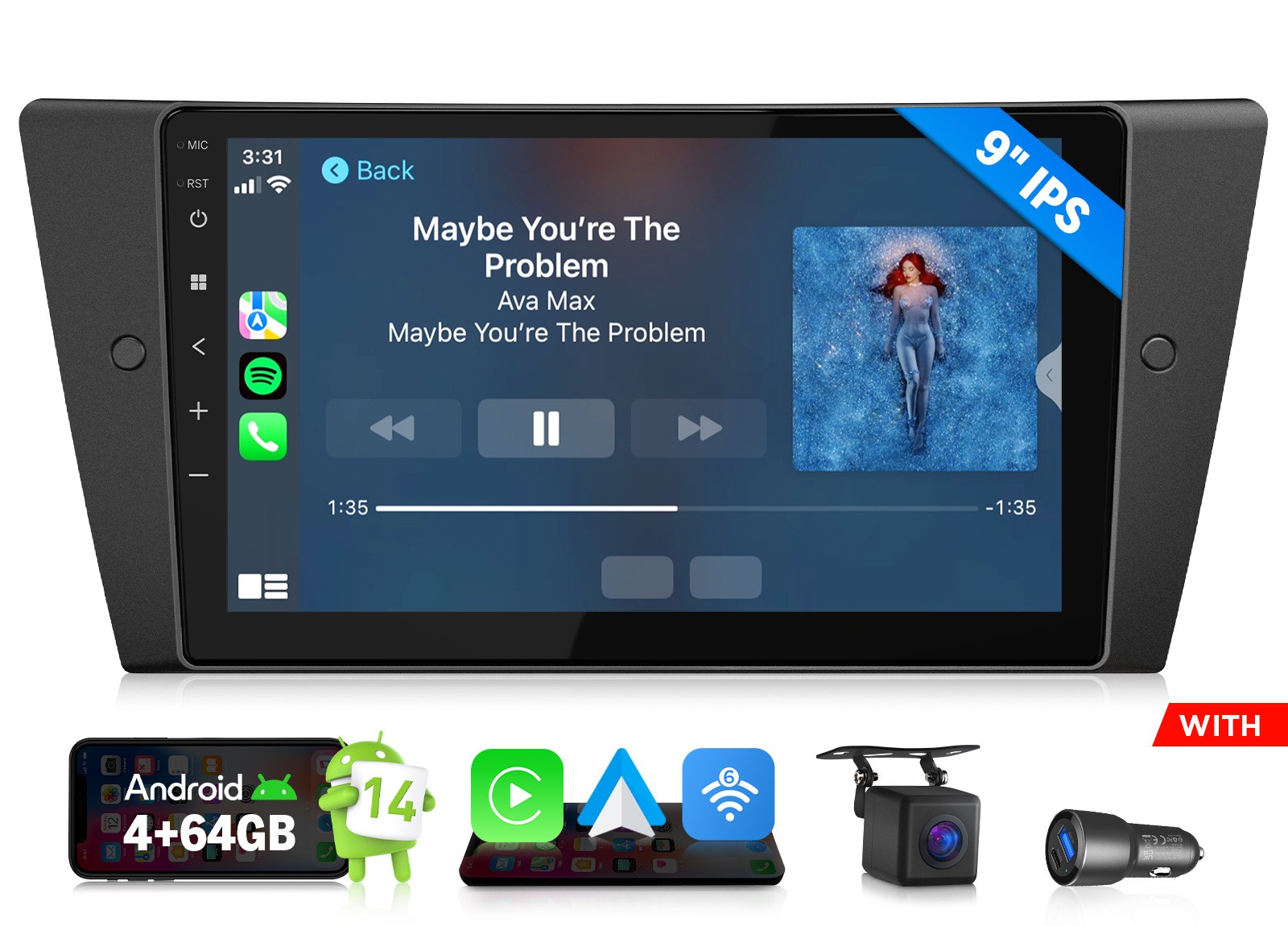 CarPlay 9″Android 14 HeadUnit for BMW E90 328i 335i 2006-2013 Plug and Play 4+64