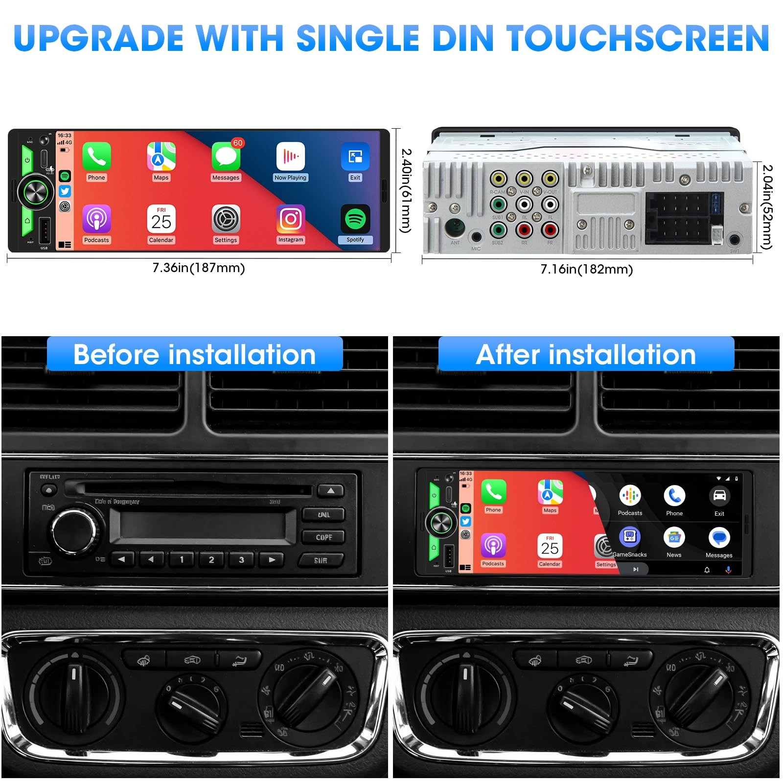 Wireless Single Din CarPlay Stereo: 6.5 Inch Android Auto…
