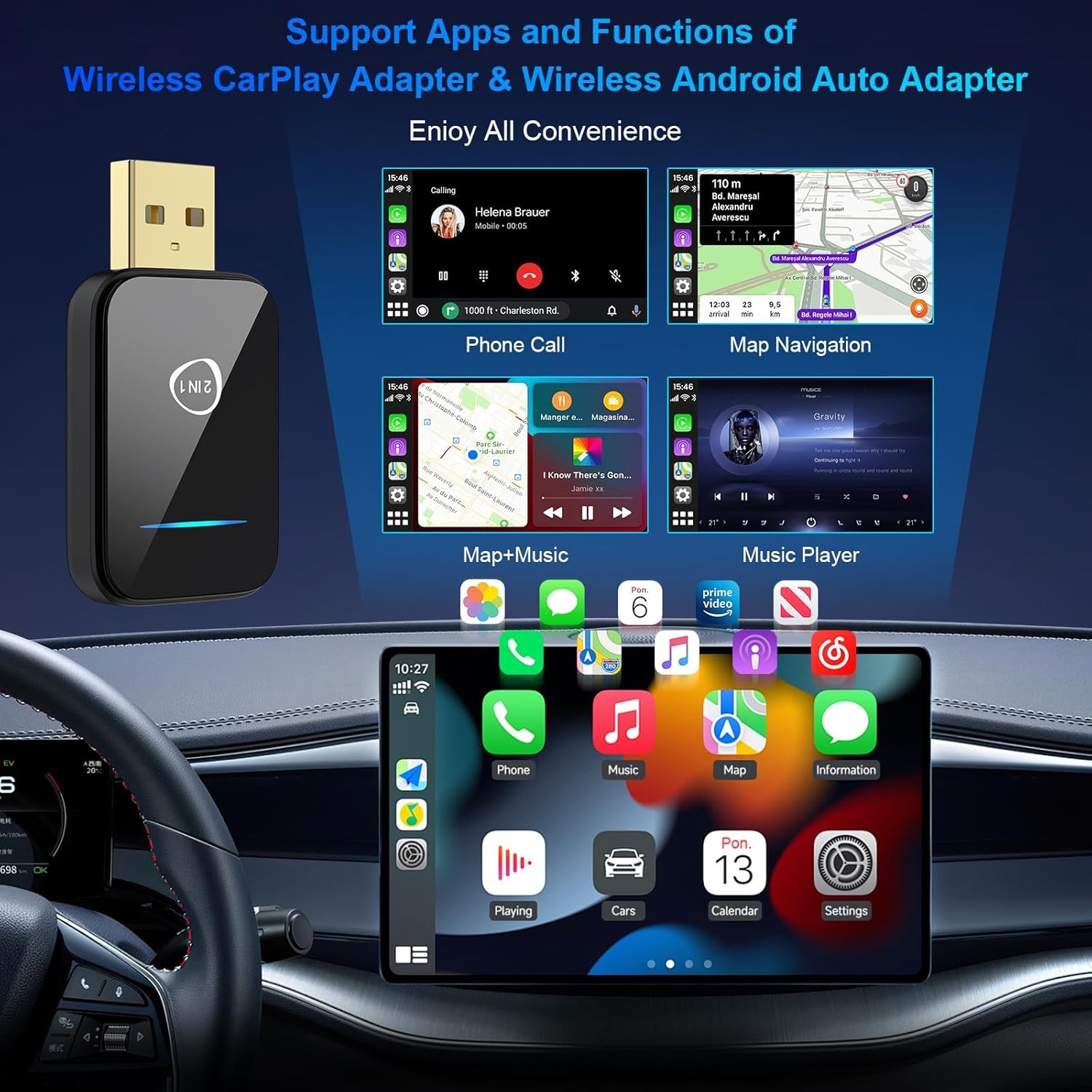 2025 Mini Carplay Wireless Adapter & Android Auto Dongle for iPhone Black