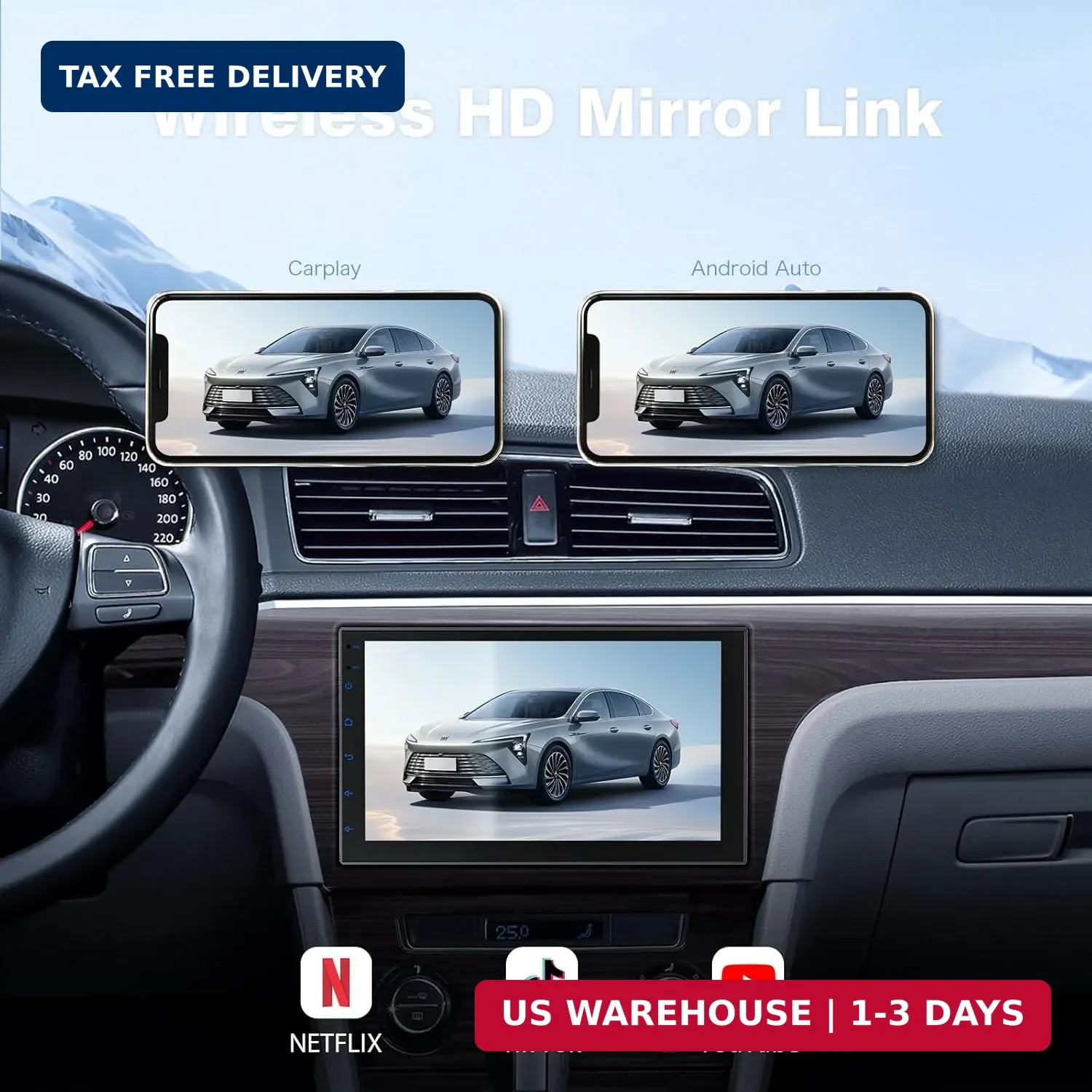 Haudio 7 Inch Double Din Car Stereo with Wireless Apple CarPlay & Android Auto,