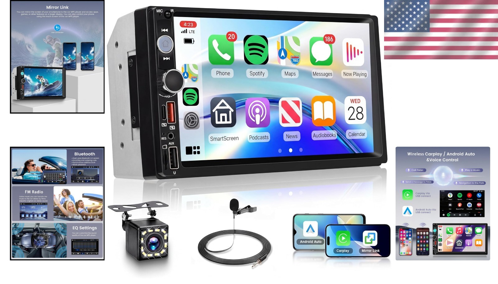 Double Din 7 Inch Car Stereo with Fast Charging, Video Playback & Mirror Link