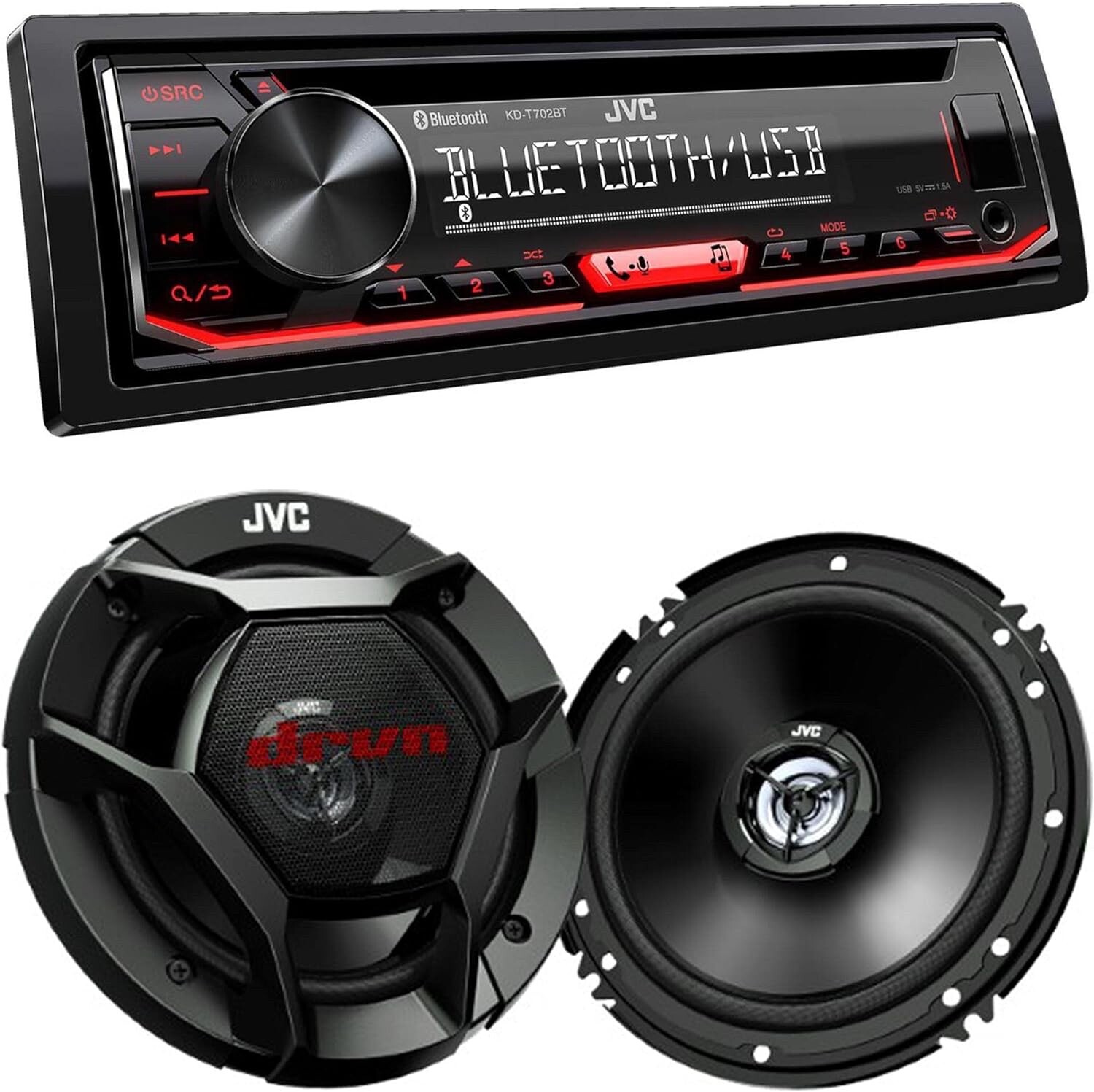 JVC KD-T720BT 1-DIN CD Receiver with Bluetooth + 2x 300w 6.5″ Car Speaker