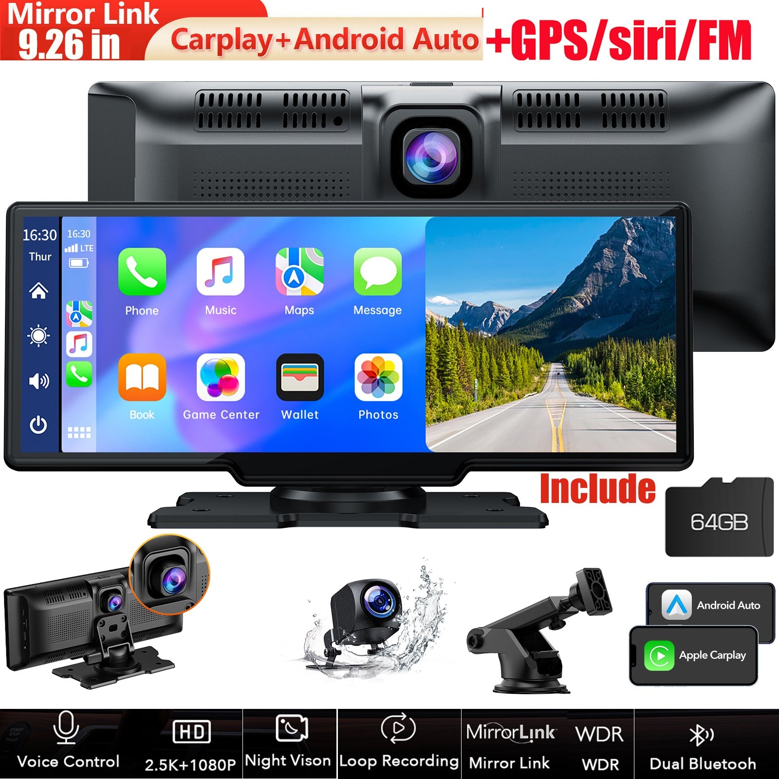 2.5K Dash Cam 9.26″ Car Stereo For Apple Carplay&Android Auto AirPlay +1080P Cam