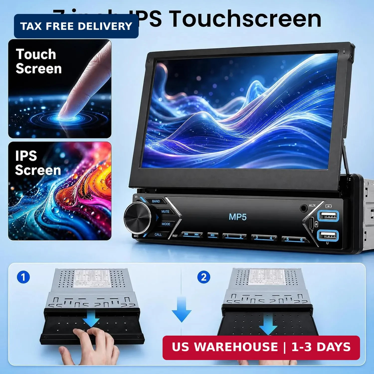 Single Din Flip Out IPS Touchscreen Car Stereo, 7inch Car Stereo with Bluetooth