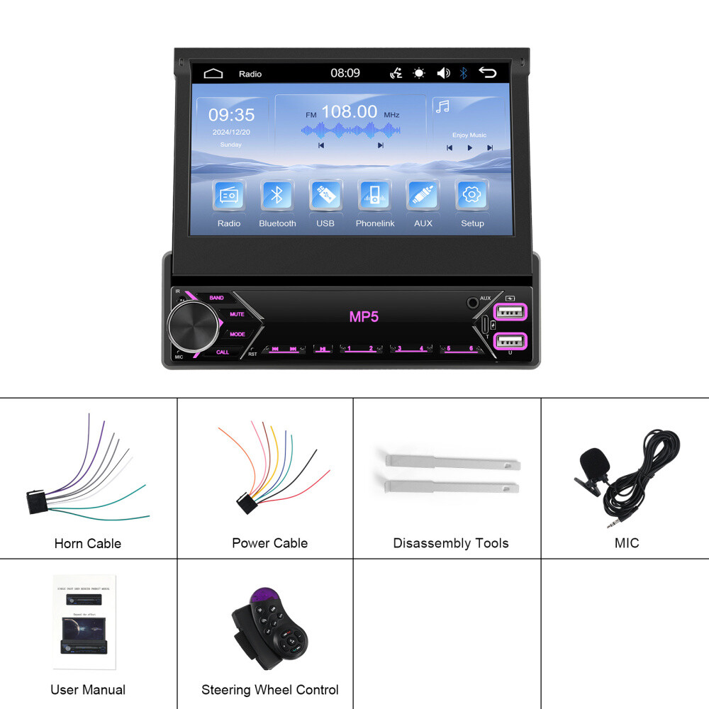 7″ Single 1 DIN Flip out Touch Screen Car Stereo Bluetooth Mirror Link FM Radio
