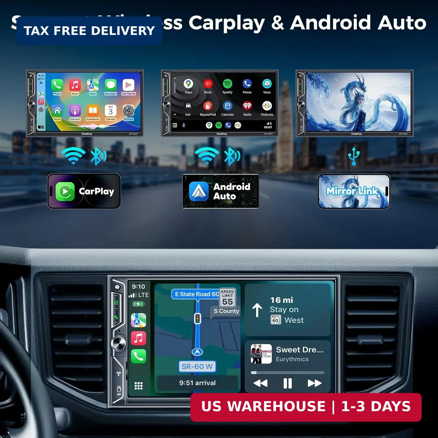 SJoyBring 7″ QLED Double Din Car Stereo Compatible with Wireless Apple Car Play