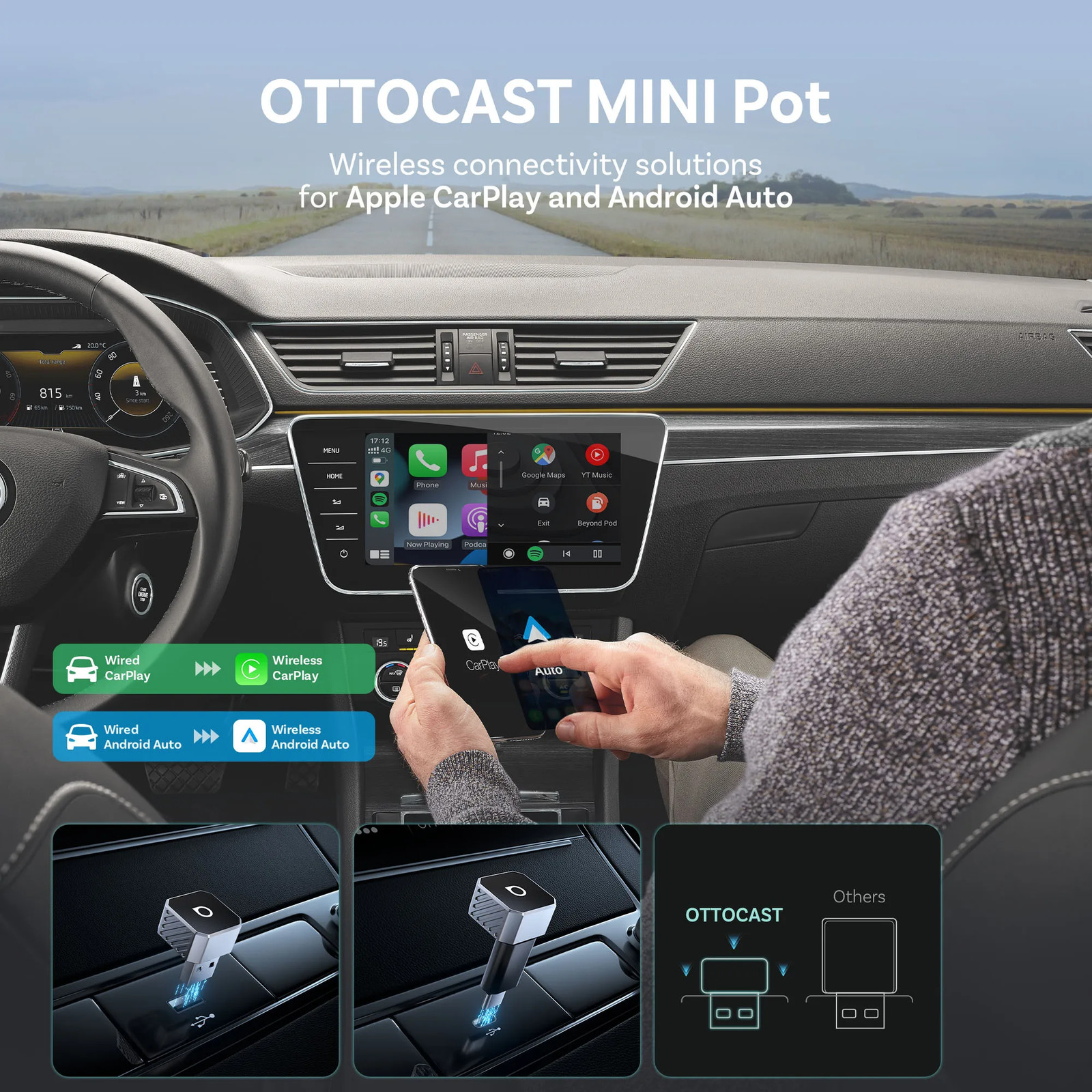 Mini Pro Wireless Carplay & Android Auto Adapter 2-In-1 5Ghz Wifi Dongle Plug &