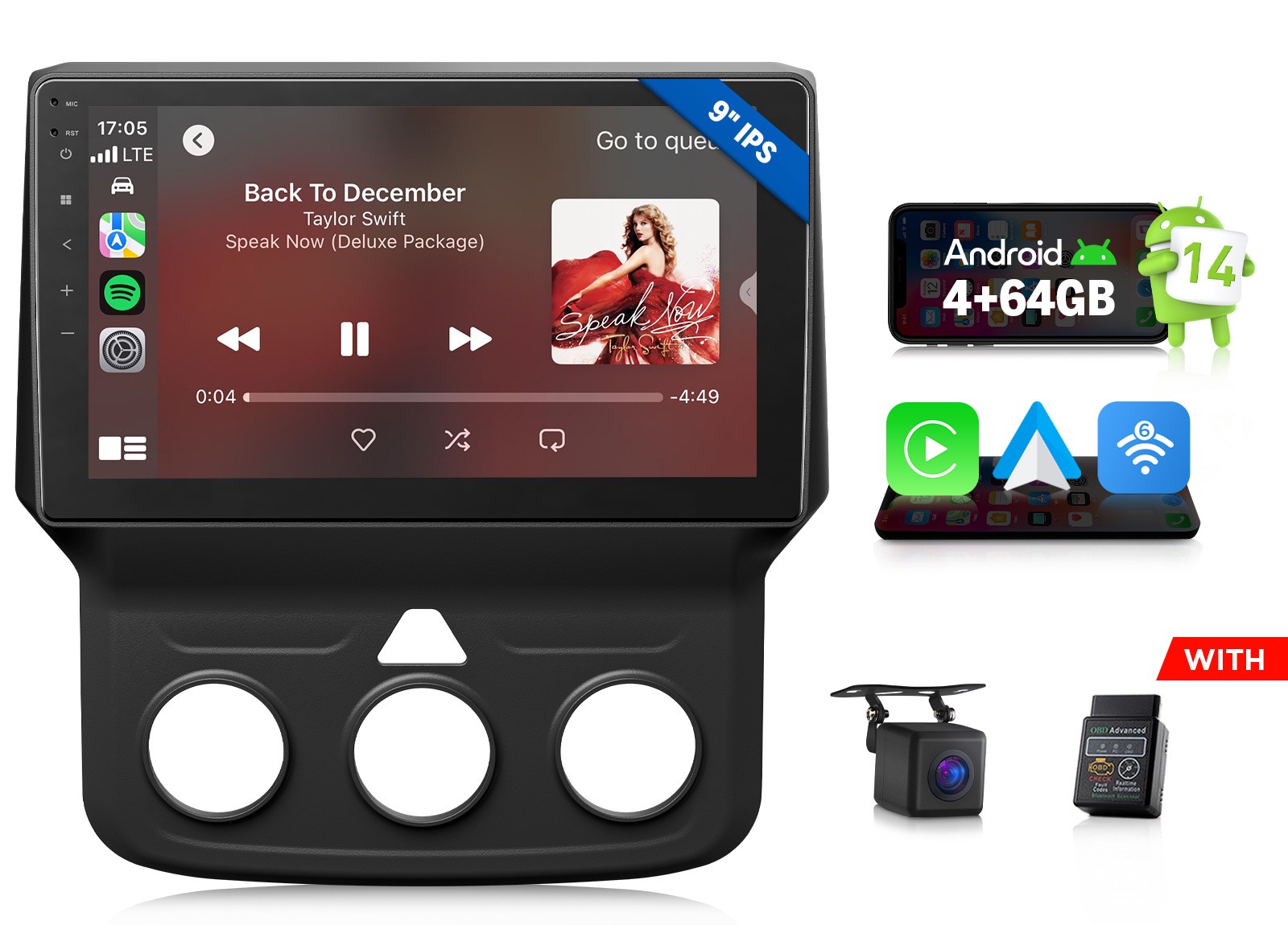 9 inch Android Auto 4+64G Car Radio Stereo CarPlay for 2013-2018 RAM 1500 WiFi 6