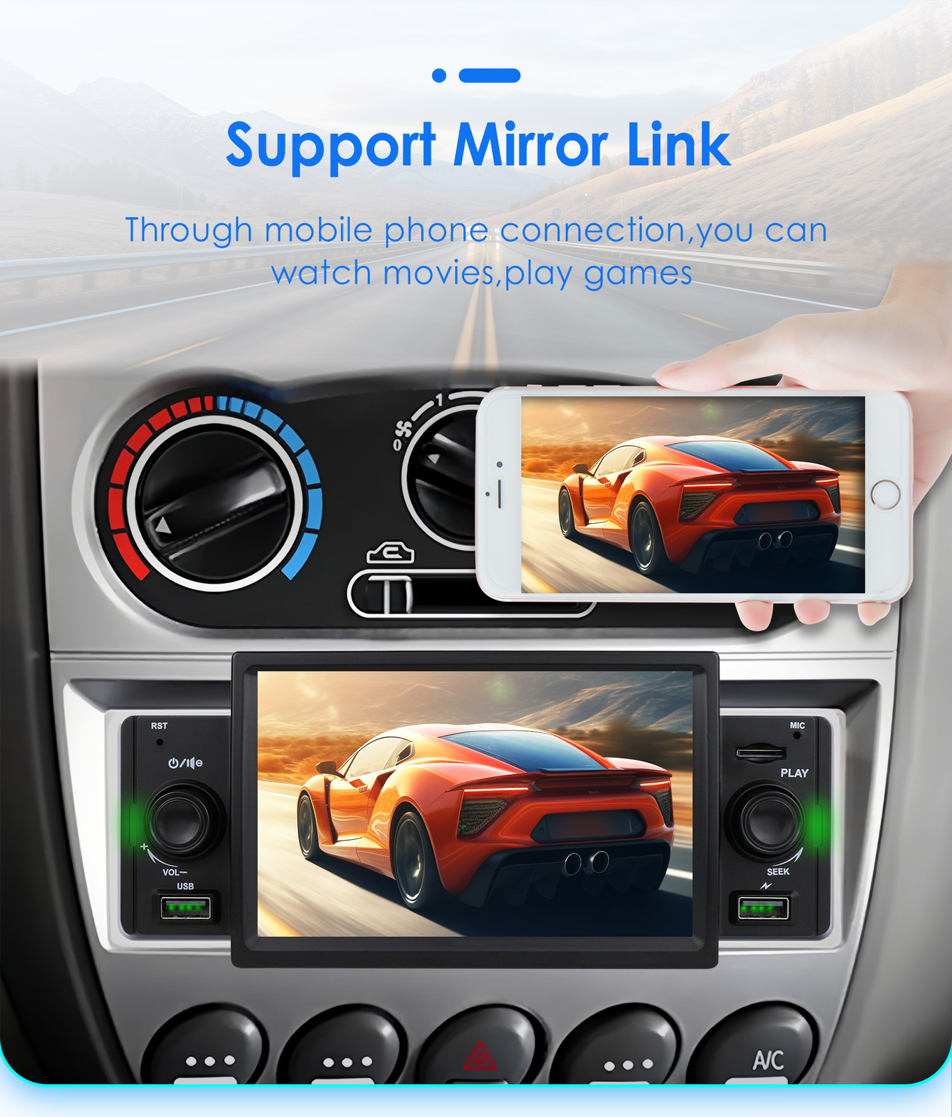 Single 1Din Car Stereo Radio Wireless Apple Carplay 5″ Touch Bluetooth DSP FM AM