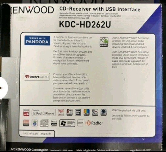 Kenwood KDC-HD262U CD/Android HD Radio USB Interface MP3 AM/FM AUX. Open Box.