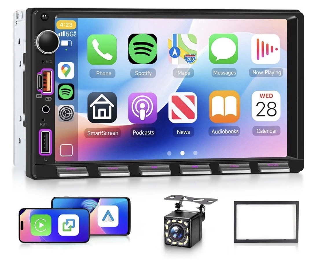 Double Din 7 Inch Car Stereo with Wireless Carplay & Android Auto Backup Camera