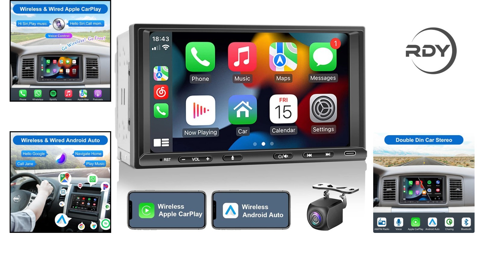 7-Inch Double Din Car Stereo with Wireless CarPlay & Android Auto – Elegant A…