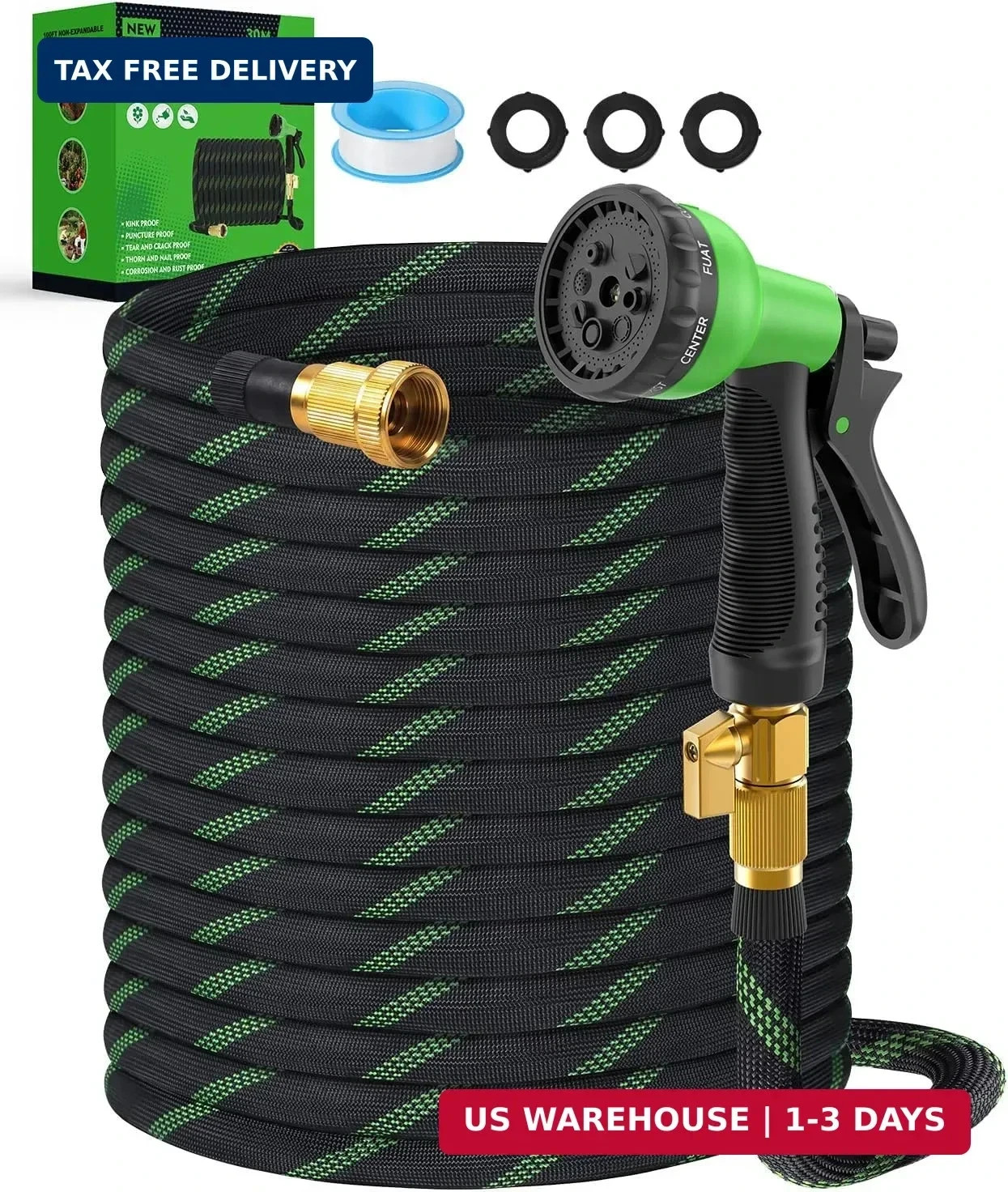 100ft Garden Hose, Non-Expandable Water Hose with 8 Function Spray Nozzle, Light
