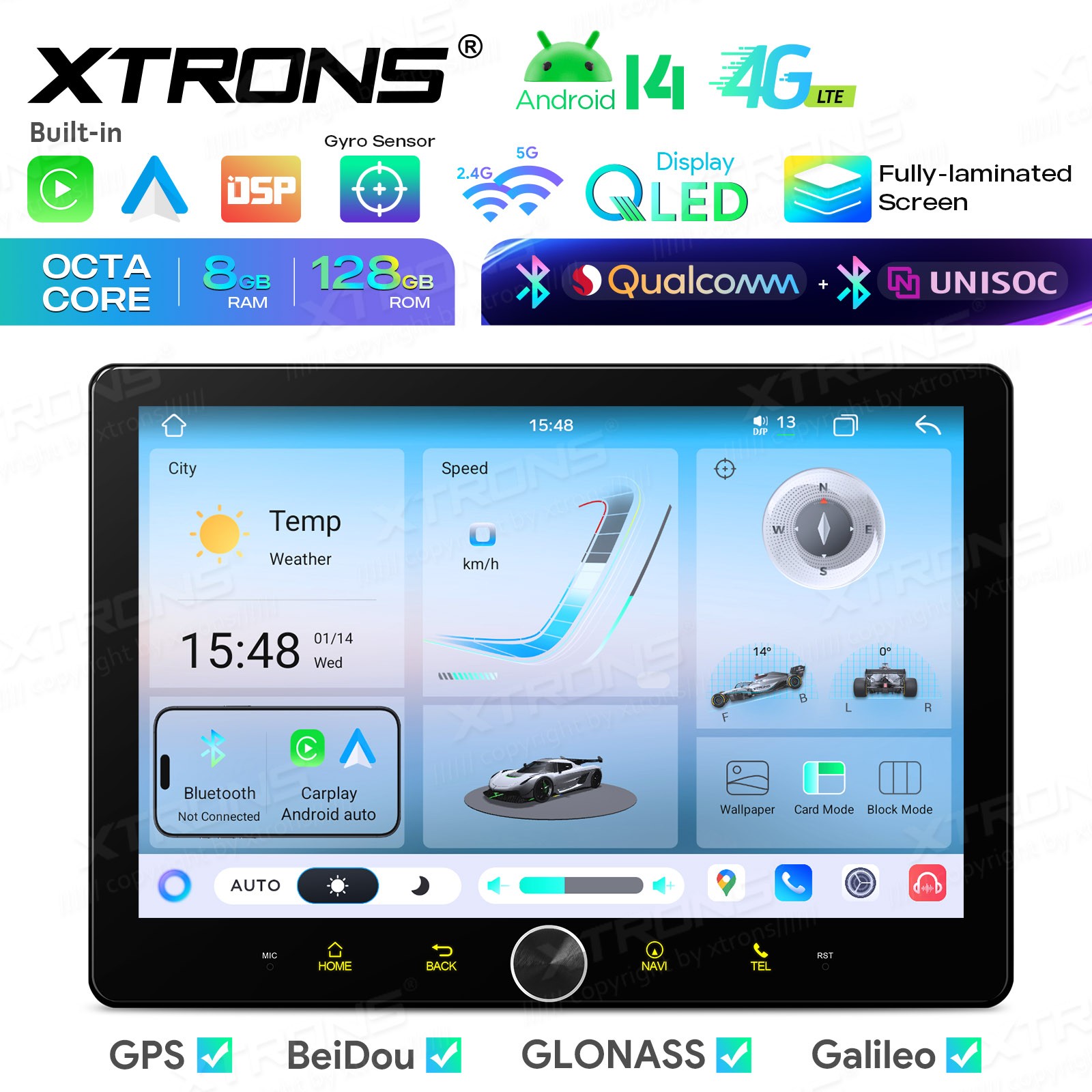 10.1″ AKM DSP Android 14 Radio For Universal 2 Din 8GB 128GB QLED GPS Navigation