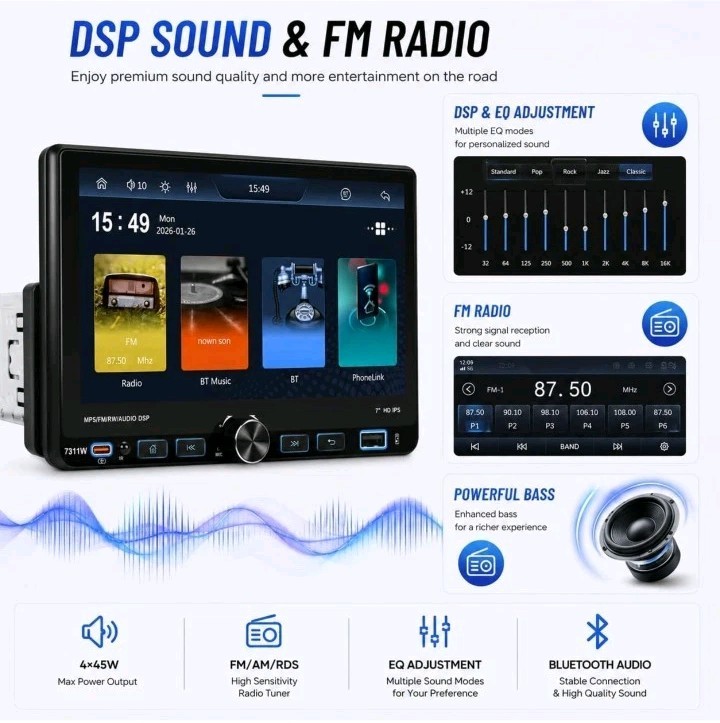7″ Single 1Din Car Stereo Radio USB BT Wireless Android auto Carplay BT + Camera