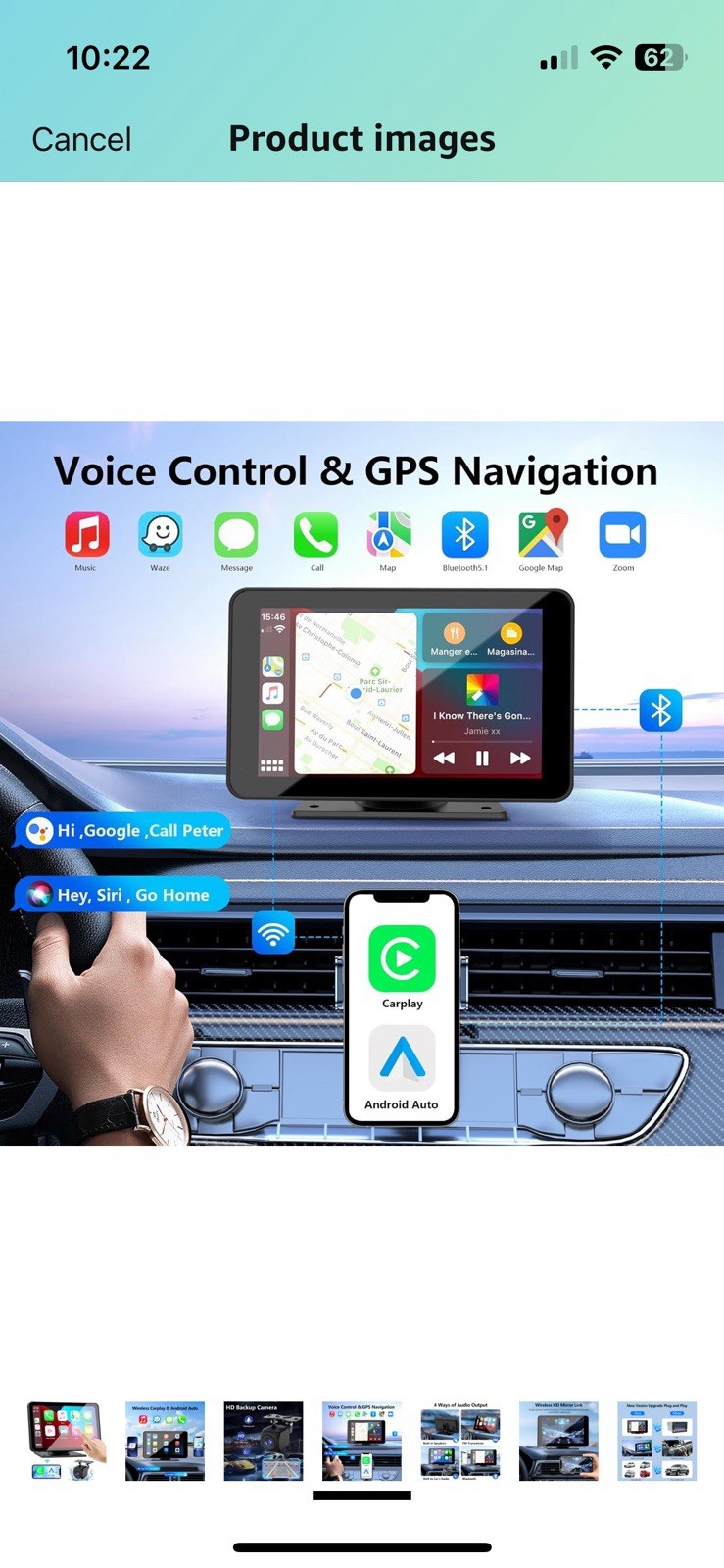 Portable Wireless Apple CarPlay and Android Auto 7″ IPS Touch Screen for Car