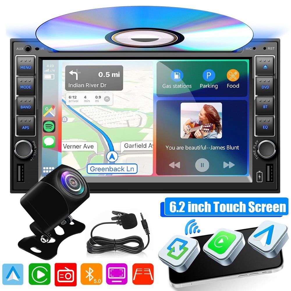 2 Din Apple CarPlay Android Auto GPS 6.2″ Radio Car Stereo CD DVD Player SWC USB