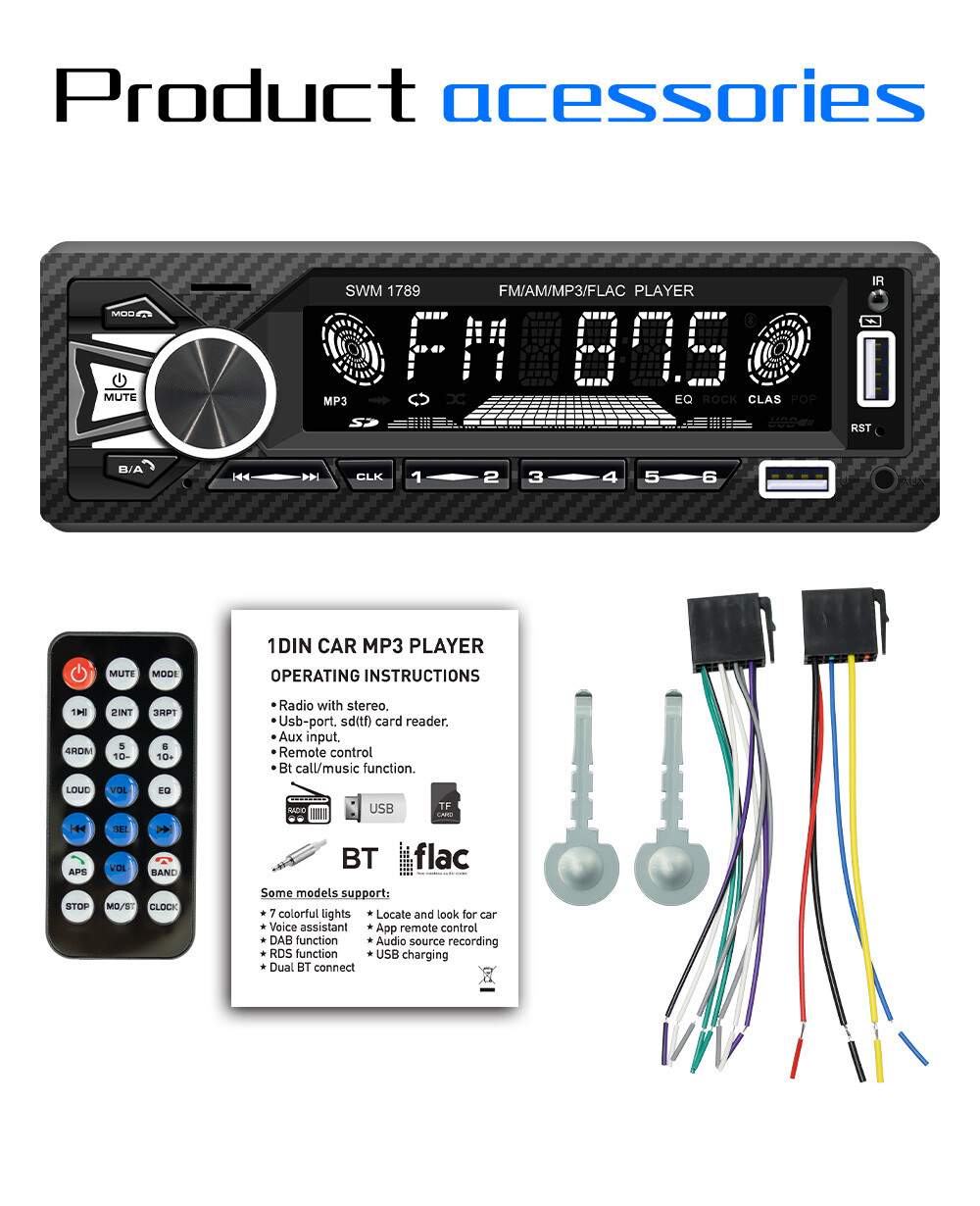 Single DIN Car Radio Audio Bluetooth Stereo MP3 Player FM Receiver USB AUX TF