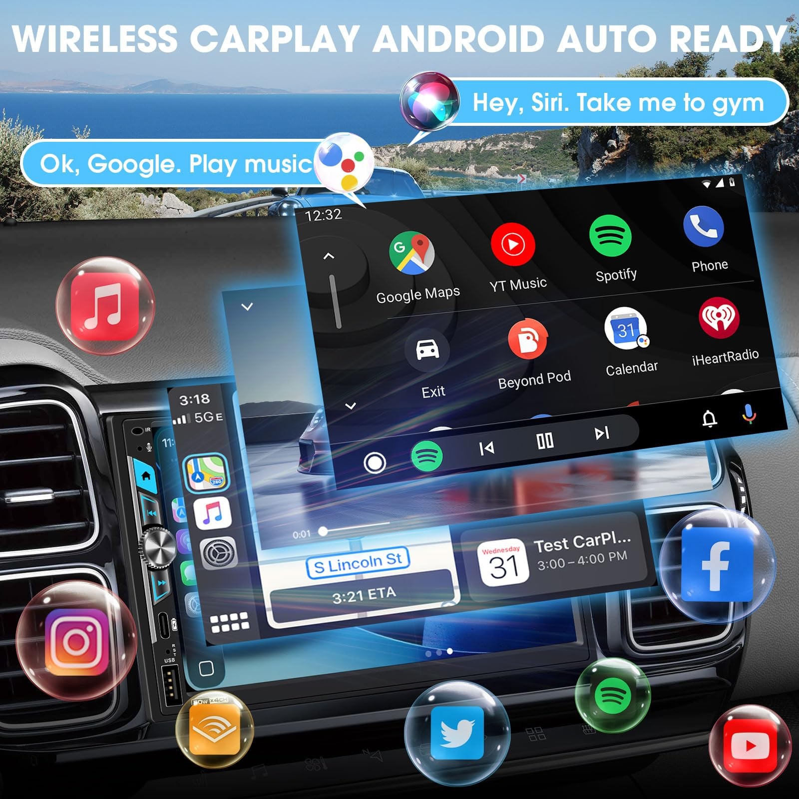 7″ Double Din Touchscreen Stereo – Wireless CarPlay Android Auto Car Radio Re…