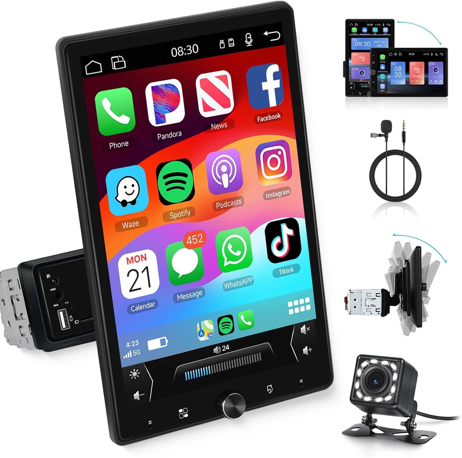 Single 1 DIN Auto Rotatable Screen 10.4″ Carplay Android Car Stereo Radio GPS BT