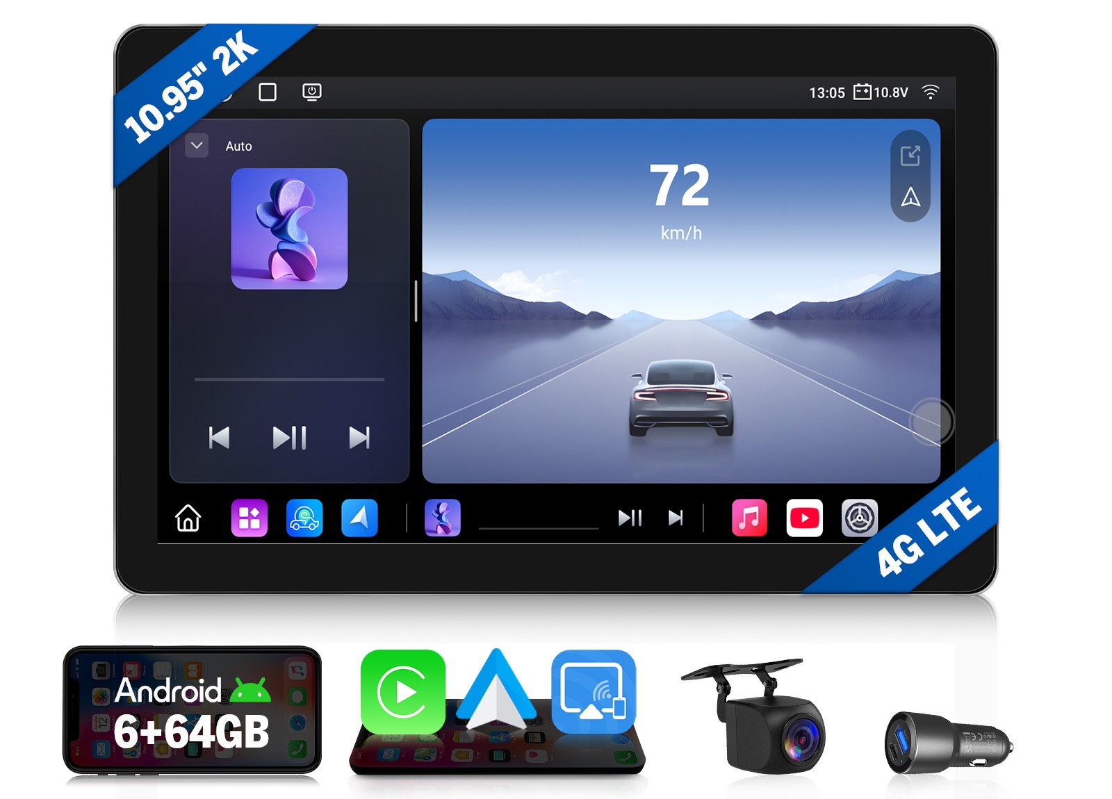 10.95″ 2K QLED 6+64G 8Core Android Auto Apple CarPlay GPS Sat Nav 1DIN Car Radio