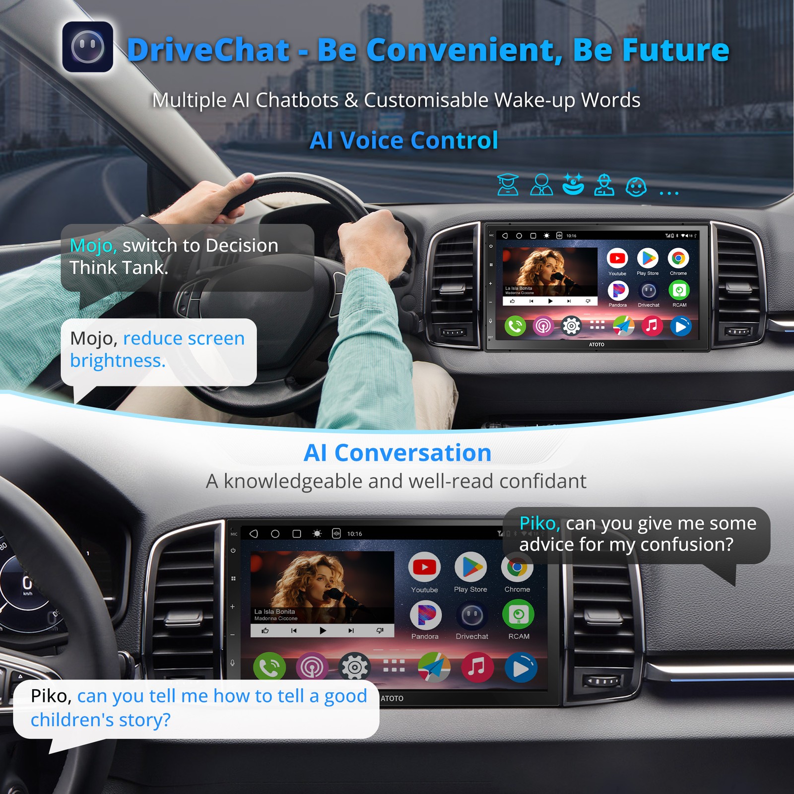 ATOTO 7″ 2DIN Car Stereo DriveChat Touch Screen Carplay Android Auto Mirrorlink