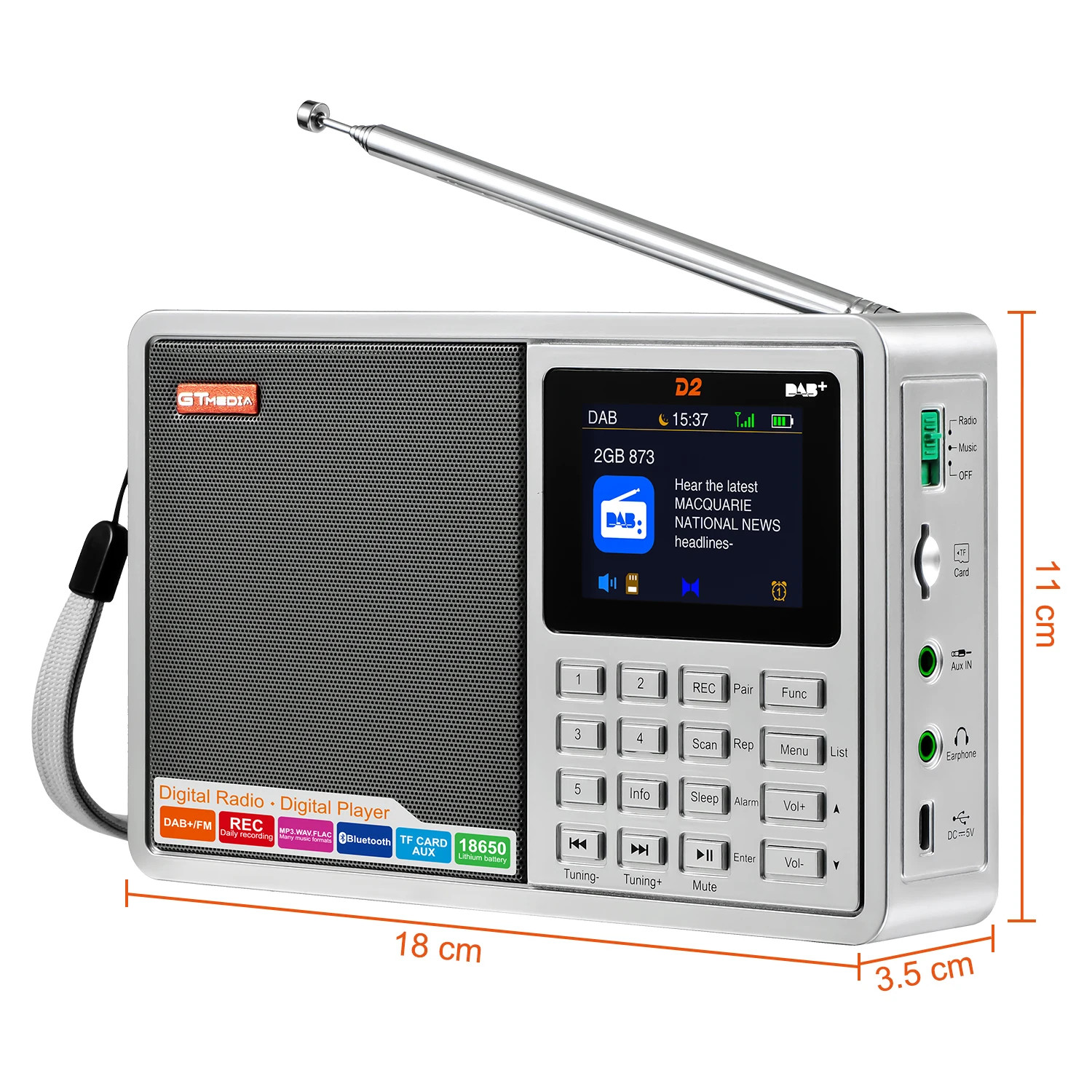 GTmedia D2 DAB+/FM Radio – 2.4 TFT Display, Bluetooth, TF Card, Recording, Mult