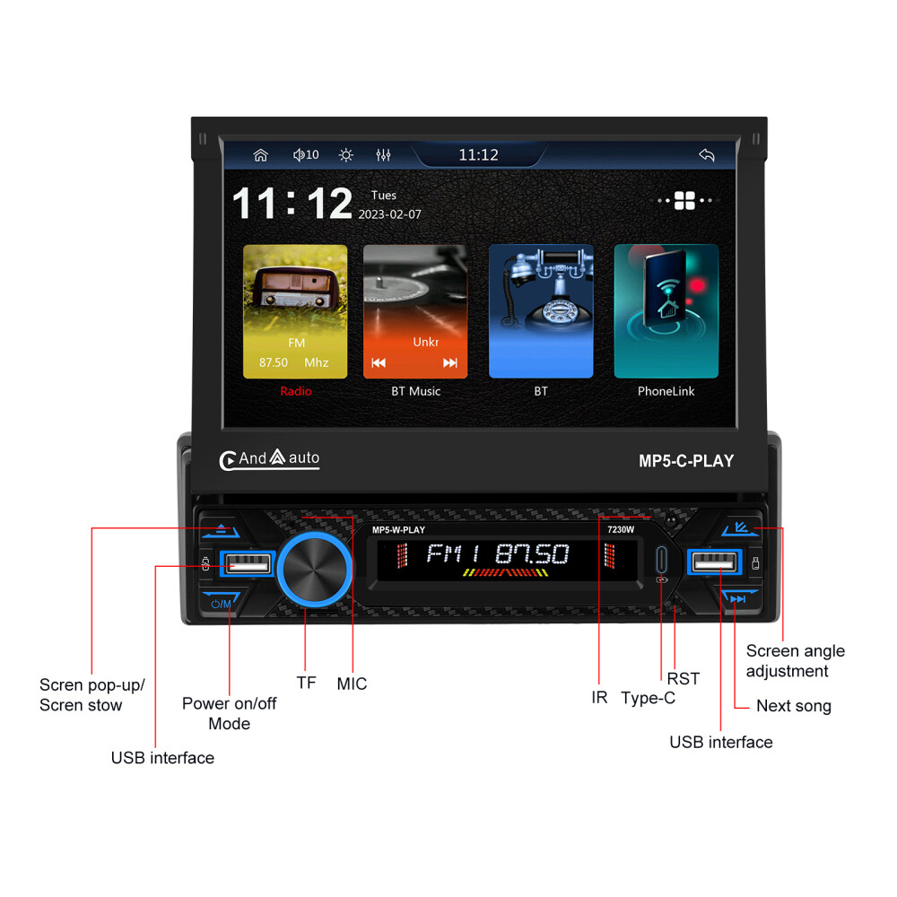 7″ Single 1DIN Car Stereo electric CarPlay Touch Screen USB MP5 Player Flip Out
