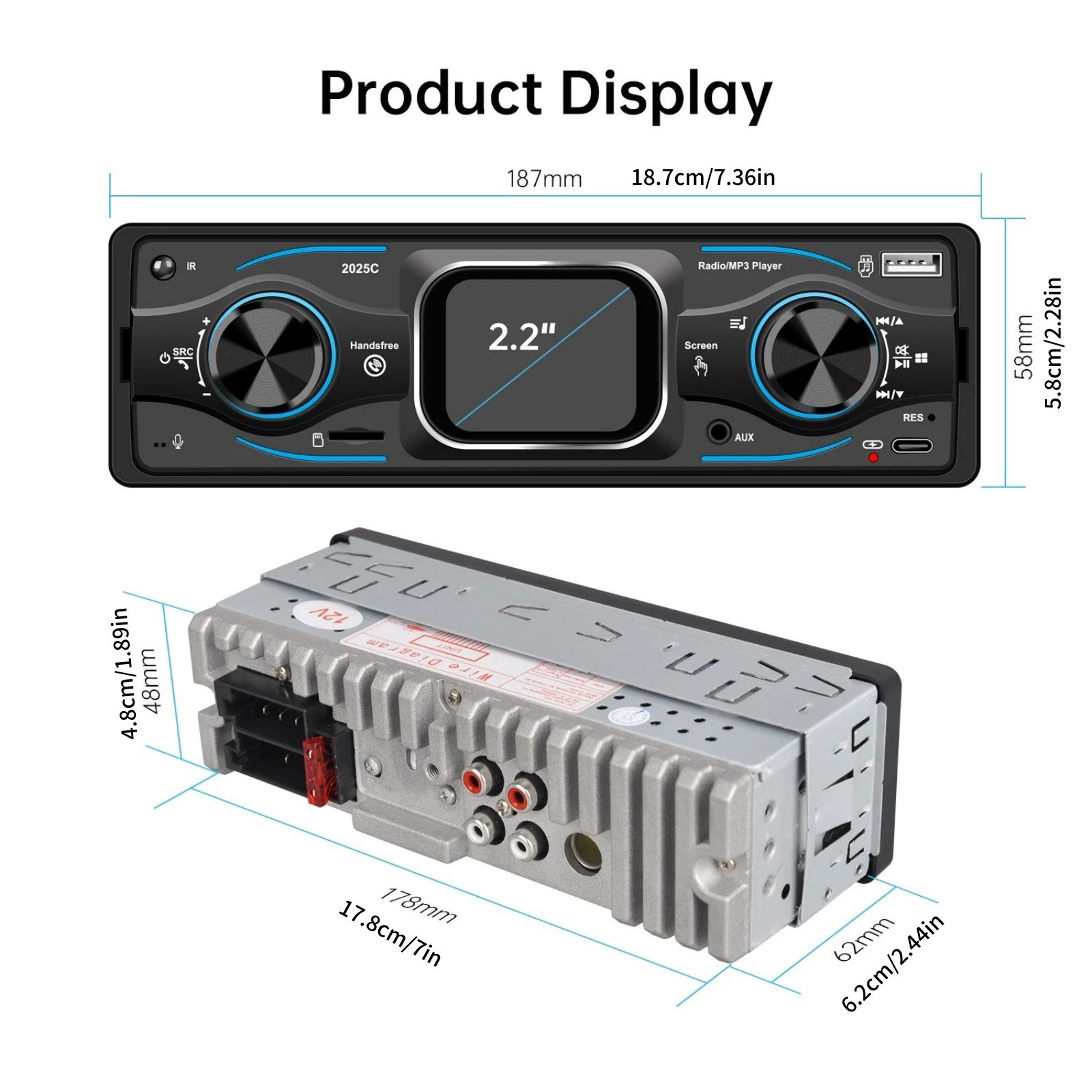 1DIN Car Radio with LED Segment Display, 7 Colors Blue Red Yellow Purple Green