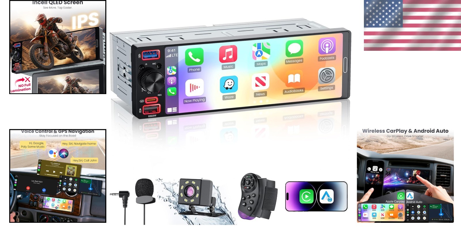 Single Din Car Stereo 6.5″ InCell Touchscreen Apple CarPlay Android Backup Ca…