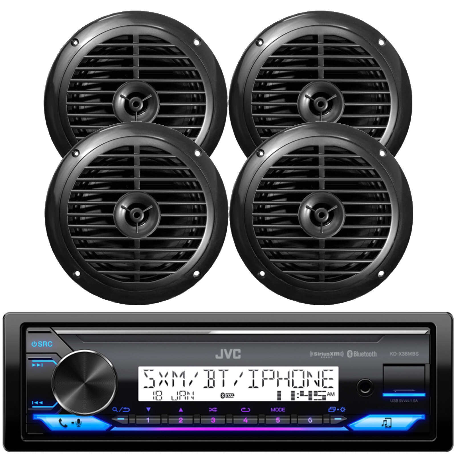 JVC KD-X38MBS 1 DIN Bluetooth USB LED Stereo Receiver, 4x 6.5″ Speakers