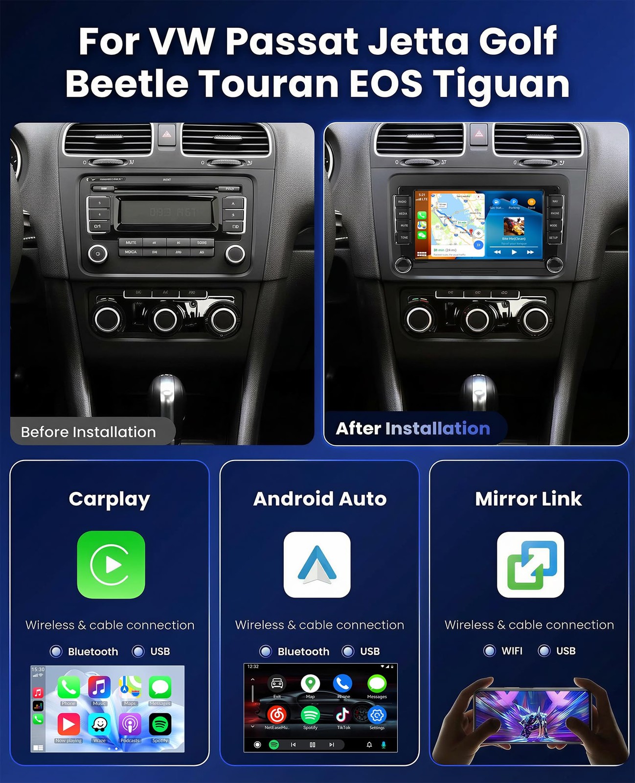 7” Touchscreen Wireless Carplay Android Auto Stereo for VW Passat Jetta Golf