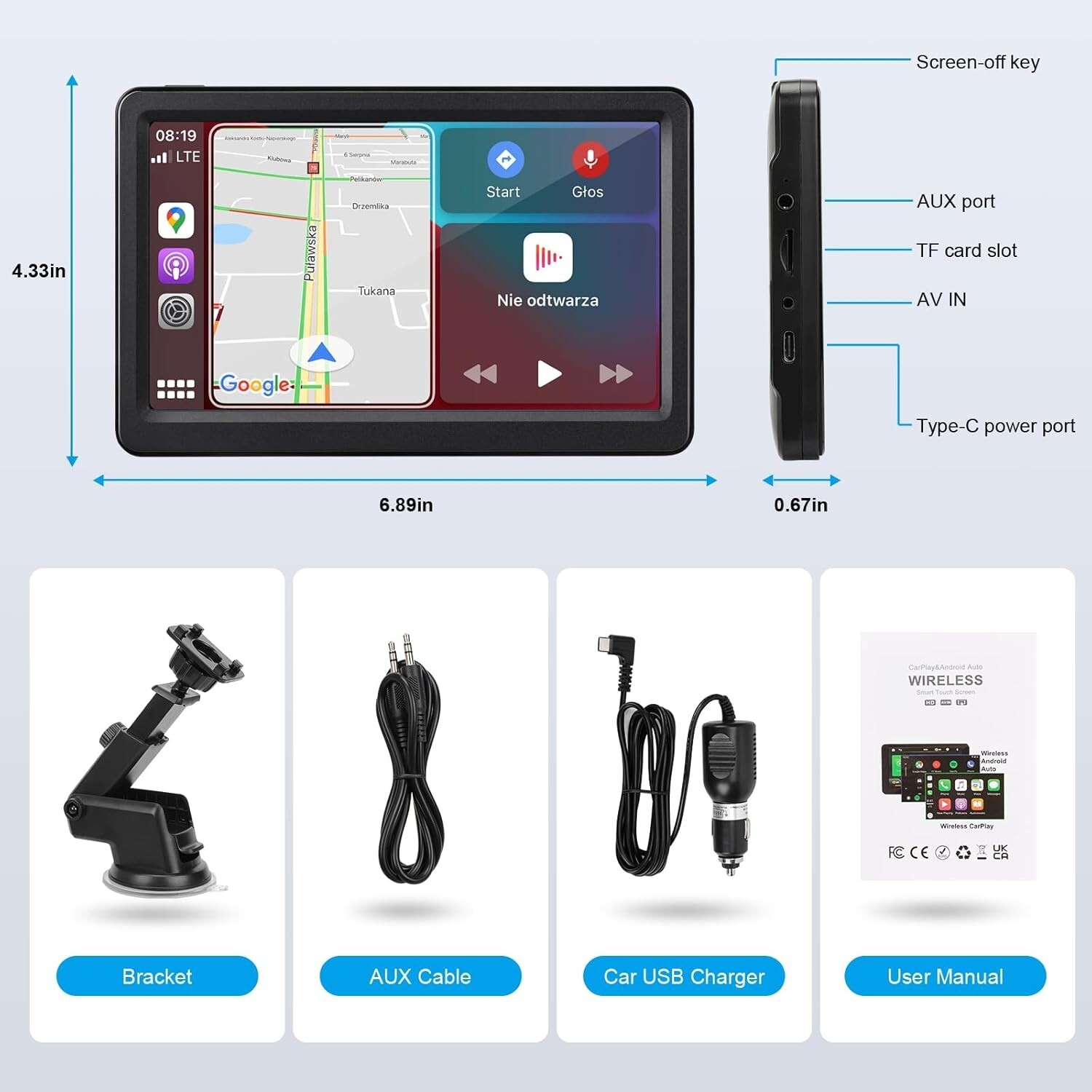 Wireless Carplay Screen For Car 7″ Hd Touch Screen Portable Car Stereo For Carpl