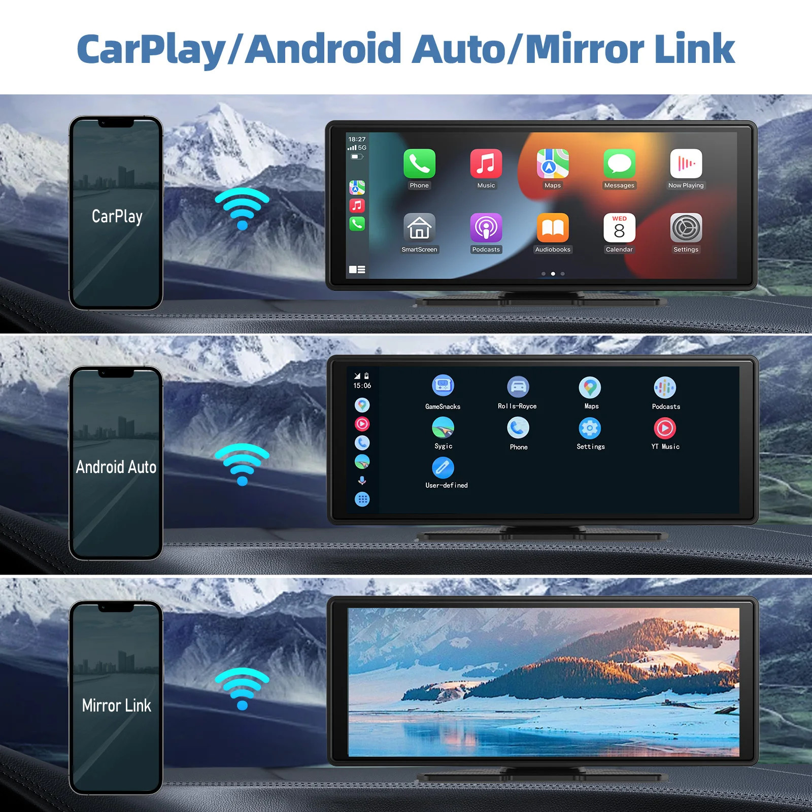 Wireless CarPlay Screen Portable Car Stereo Touchscreen Android Auto Universal