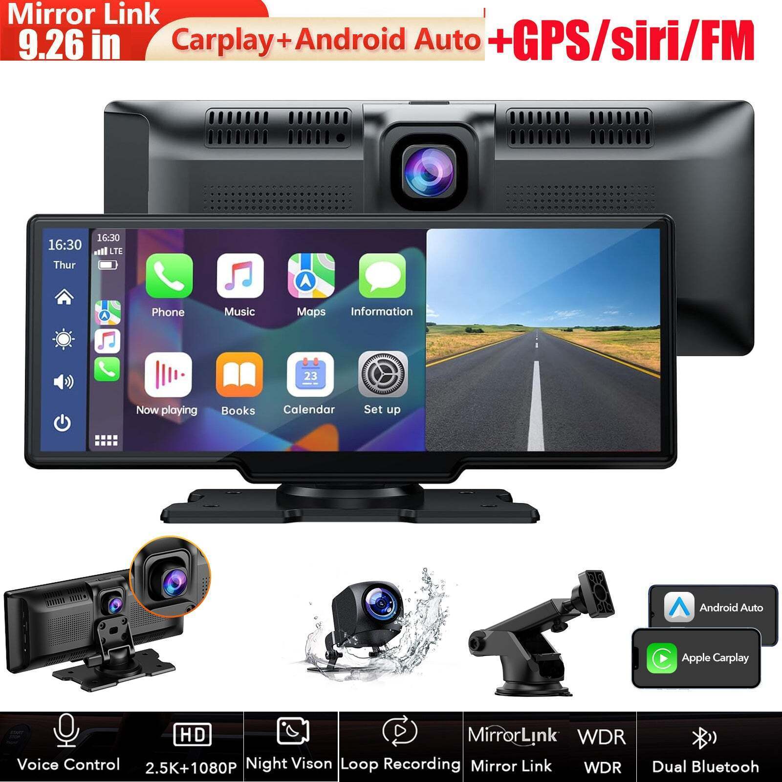 9.26″Portable Car Stereo Radio Wireless Apple Carplay/Android Auto 2.5K Dash Cam