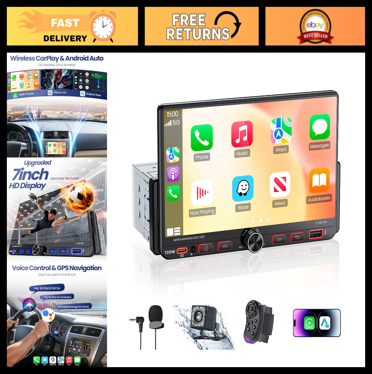 7″ Single Din Car Stereo Radio, Apple CarPlay, Android Auto, Bluetooth 5.3, 1080