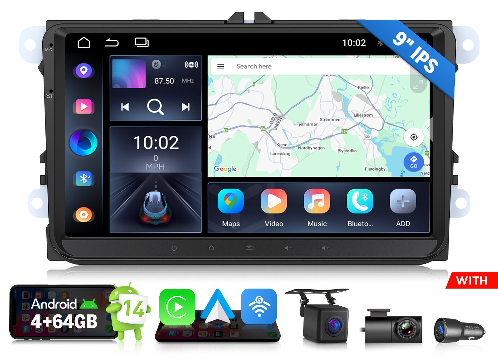 For VW Tiguan 2009-2015 9″Android 14 IPS Car Stereo Apple CarPlay GPS DSP BT 5.4